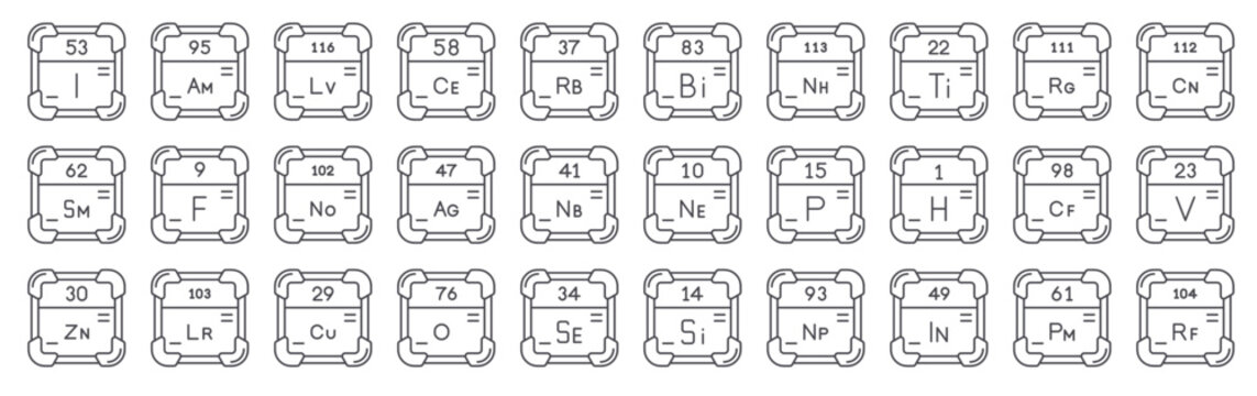 Set of 30 periodic table thin line vector icons including iodine, osmium, selenium, cerium, phosphorus, californium, lawrencium, chemical elements in outline style