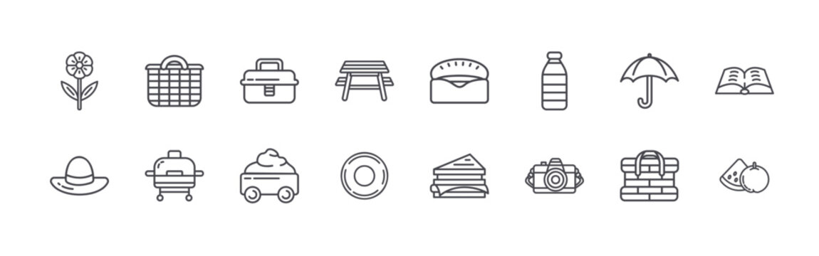 set of 16 thin line picnic icons including flowers, hat, picnic mat, grill, lunchbox, children toys, picnic table, , backery. editable stroke vector illustration isolated on