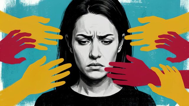 Conceptual art of a distressed woman being overwhelmed and touched by multiple hands, symbolizing harassment, social pressure, mental health struggles, and boundary violation.