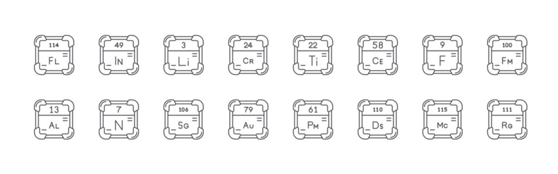 set of 16 thin line periodic table icons including flerovium, aluminum, indium, nitrogen, lithium, seaborgium, chromium, gold, titanium. editable stroke vector illustration isolated on white