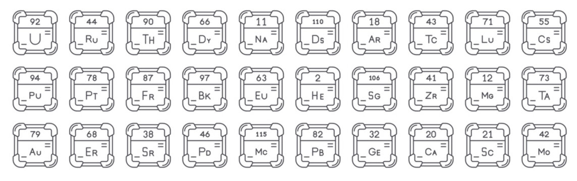 Set of 30 periodic table chemical element thin line vector icons including uranium, palladium, moscovium, dysprosium, seaborgium, magnesium, erbium in outline style