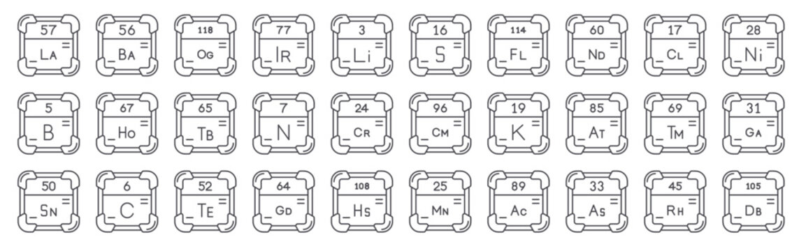 Set of 30 periodic table element thin line web icons including lanthanum, gadolinium, hassium, iridium, carbon, thulium, nitrogen, boron. Vector outline symbol collection