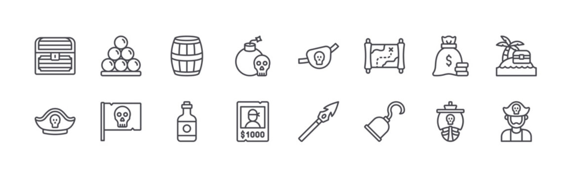 set of 16 thin line pirate icons including chest, pirate hat, cannon ball, flag, barrel, rum, bomb, wanted, eye patch. editable stroke vector illustration isolated on white