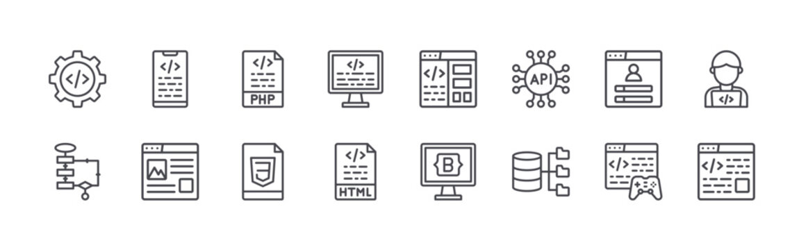 set of 16 thin line programming icons including coding management, logic, app development, web design, php, css, coding, html, front end. editable stroke vector illustration isolated on
