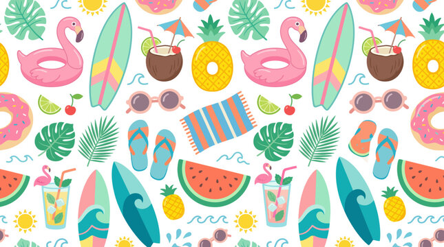 Bright Tropical Pattern with Flamingos, Surfboards, Fruits and Beach Accessories.