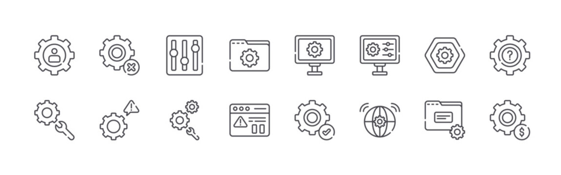 set of 16 thin line setup and settings icons including user, repair, delete, alert, control panel, gear, folder, warning, system. editable stroke vector illustration isolated on white