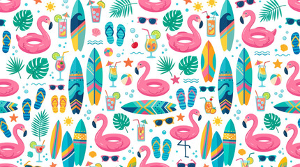 Vibrant tropical pattern with flamingos, pineapples, surfboards and lush foliage for fabrics and textiles. © izzstudio