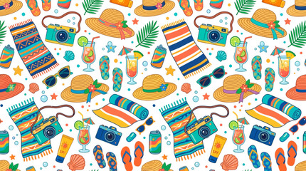 Vibrant Mexican Fiesta Themed Pattern Featuring Sombreros, Maracas, Guitars and Cacti. © Siti