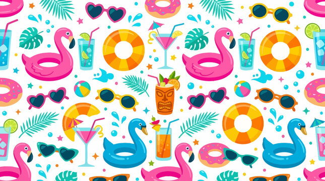 Playful Summer Pool Party Scene with Flamingos, Floats, Pineapples, and Sunglasses for a Bright Coastal Vibe.