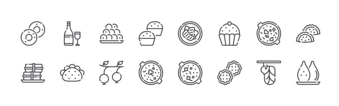 set of 16 thin line brazilian food icons including biscoito globo, pamonha, cachaza, acaraje, pao de queijo, araca piranga, empada, bobo de camarao, churrasco. editable stroke vector