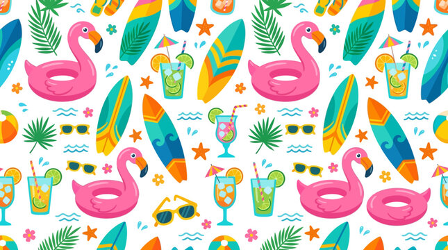 Bright tropical pattern featuring flamingos, surfboards, pineapples and summer accessories.