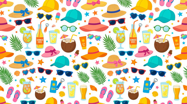 Vibrant Summer Beach Pattern Featuring Hats, Drinks and Tropical Accessories.