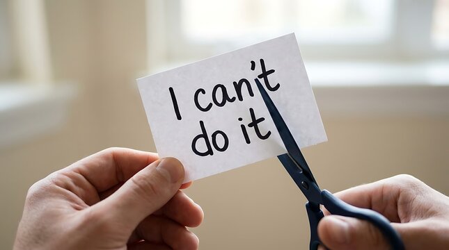 Person uses scissors to cut the word "can't" from the phrase "I can't do it" written on a small piece of paper.