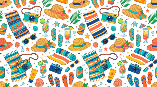 Vibrant Mexican Fiesta Themed Pattern Featuring Sombreros, Maracas, Guitars and Cacti.