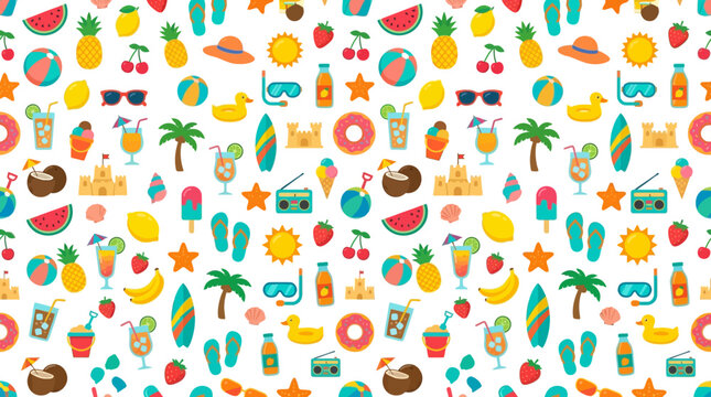 Colorful tropical summer pattern featuring fruits, drinks, palm trees and beach items for designers.