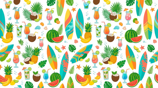 Vibrant tropical surfboard and fruit pattern featuring pineapples, coconuts, palms, and bright beach elements.
