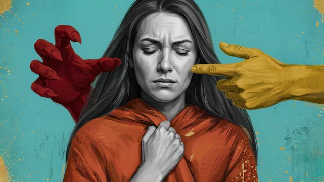 A distressed woman in monochrome suffers from psychological trauma as red monstrous claws and yellow judgmental hands loom around her head, symbolizing mental turmoil and internal conflict.