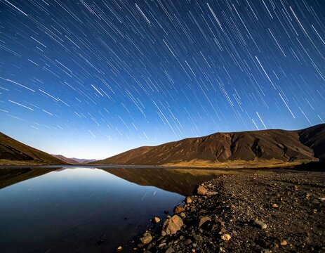 Lake Bulunkul in Tajikistan at night with horizontal star trails. Sharp volcanic rocks, still water reflection, and starry sky with deep focus and copy space. Pamir Mountains nature.