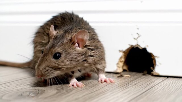 A detailed close-up of a brown rat with textured fur standing near a hole in a white wall on a wooden floor indoors.