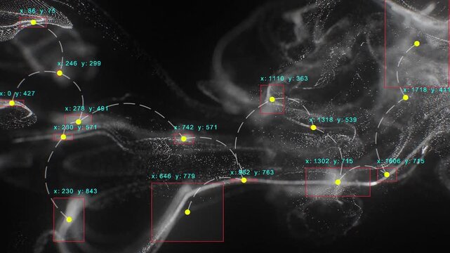Computer Vision with Object Recognition Scanner Overlay. Big Data. CCTV AI Interface Scanning. Blob Tracking Lines, Coordinates, Bounding Boxes. Plexus style connections. Abstract Flow, black n white
