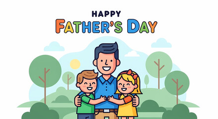 Naklejka premium A cartoon image of a father and his two children on father's day father's day family love happy fami