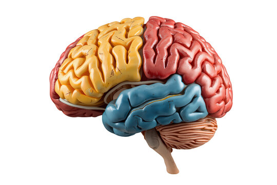Human brain anatomical model showing different lobes and structures, neuroscience and biology concept with transparent background