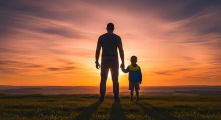 Fototapeta premium silhouette of a man and a child holding hands at sunset backlit couple day father field grass hand i