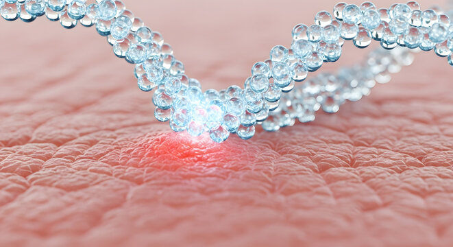 Liquid drop moisture particle stream hitting red inflamed skin surface area for soothing hydration therapy treatment
