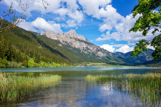 Sommerlicher Blick auf den Haldensee im Tannheimer Tal mit beeindruckendem Alpenpanorama