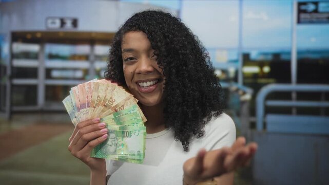 Young african american woman holds rand banknotes and beckons with hand in airport terminal; invitation.