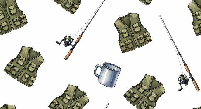 seamless pattern of fishing gear and tactical vests on white background tactical gear fishing equipm