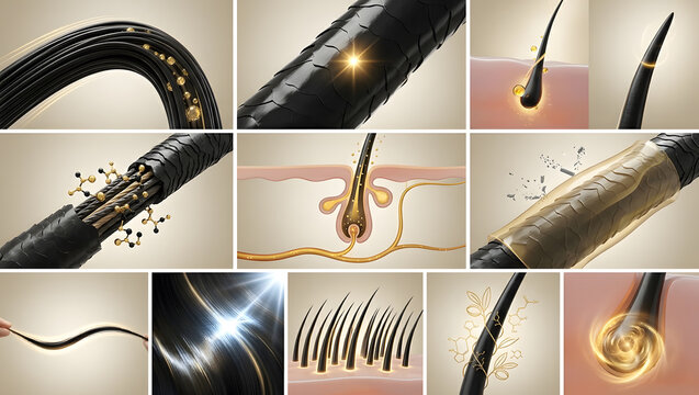 Hair strand anatomy collection root follicle cuticle repair collagen protein nutrient absorption medical illustration set