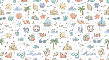 Seamless hand-drawn summer beach and nautical pattern with seaside icons. © pixel*