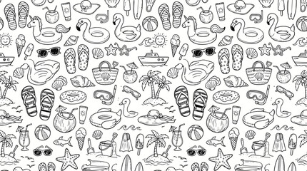 Seamless hand-drawn beach summer doodle pattern with nautical icons. © pixel*