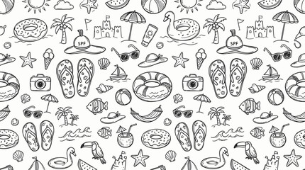 Hand-drawn seamless black and white beach doodle pattern for summer designs. © pixel*