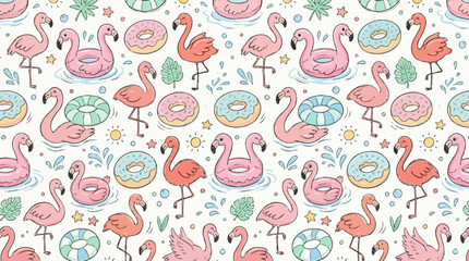 Seamless pastel flamingo pool float pattern with donuts and shells. © pixel*