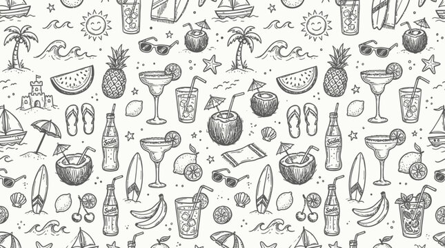 Hand-drawn seamless pattern of tropical cocktails and fruits.