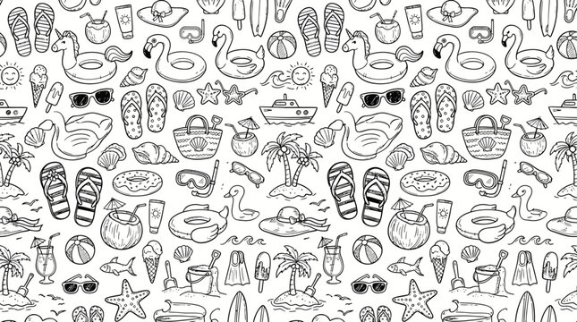 Seamless hand-drawn beach summer doodle pattern with nautical icons.