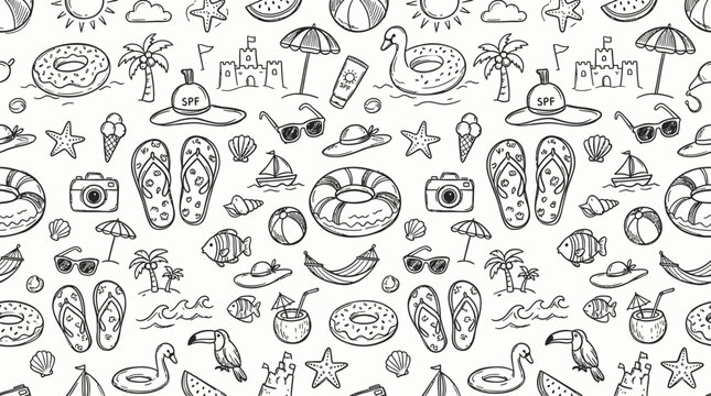 Hand-drawn seamless black and white beach doodle pattern for summer designs.
