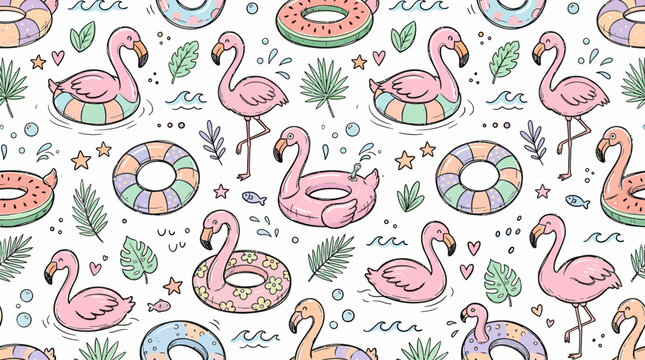 Seamless pastel flamingo pool float and donut summer pattern illustration.