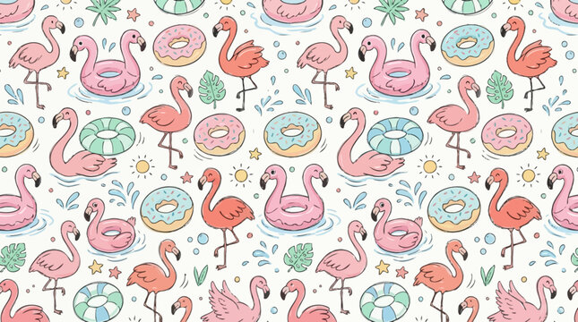 Seamless pastel flamingo pool float pattern with donuts and shells.