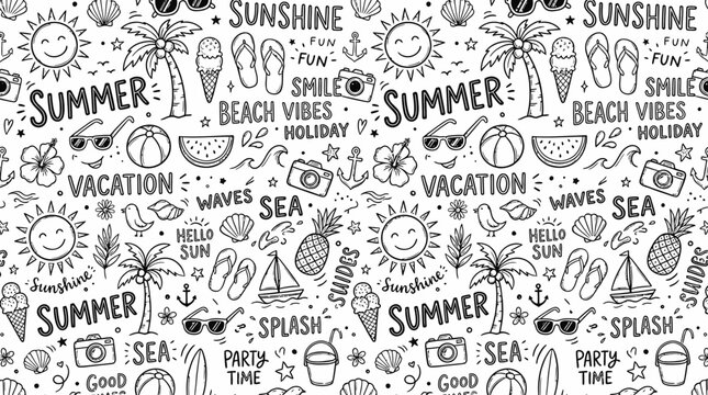 Hand-drawn summer vacation doodle pattern with beach icons.