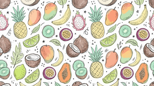 Hand-drawn watercolor seamless pattern of tropical fruits and colorful botanical motifs.