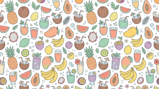 Colorful seamless pattern of tropical fruits and smoothie cups.