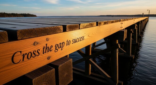 Wooden dock planks with inspirational quote over water
