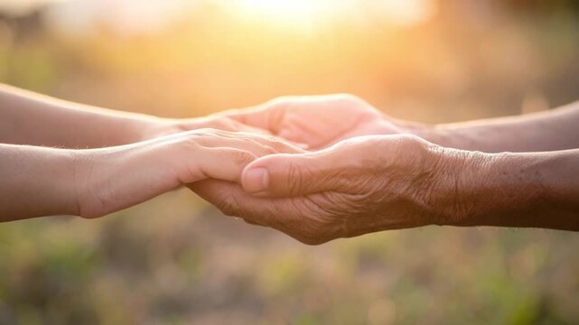 Generational hands holding together with warm sunlight