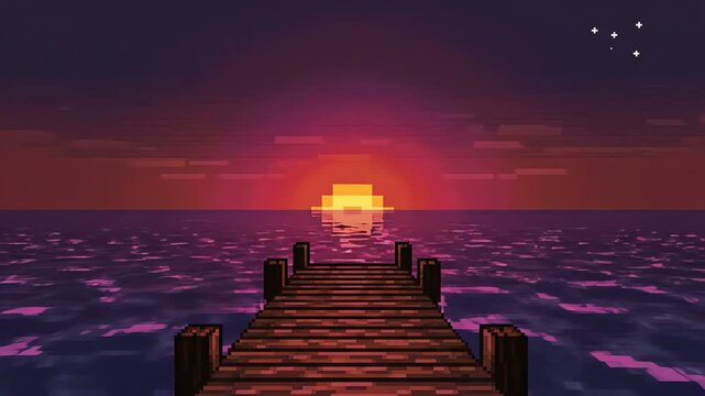 Pixel art dock at sunset over ocean water, retro gaming aesthetic