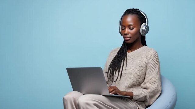 Portrait of young woman in headphones working on laptop, modern remote work and online learning concept, Black female freelancer on blue background, digital lifestyle, home office