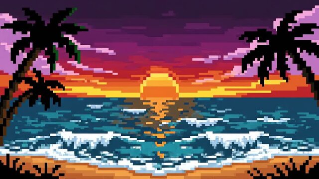 Pixel art retro sunset beach scene with palm trees and ocean waves
