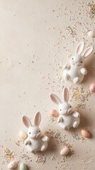 Vertical Easter Flat Lay with Ceramic Bunnies and Colorful Sprinkles on Pastel Beige Background – Copy Space for Text and Promotional Content